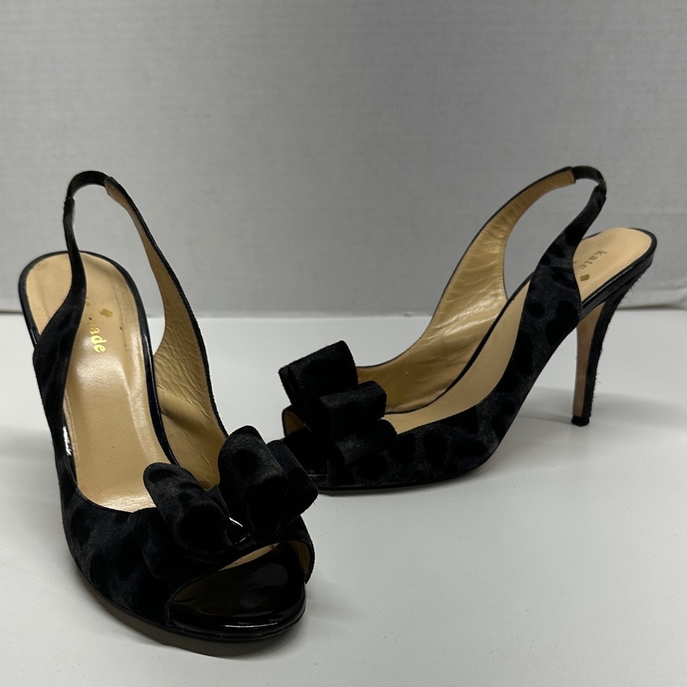 kate spade Black/Gray Velvet Peep-Toe Slingback Heels with Bow